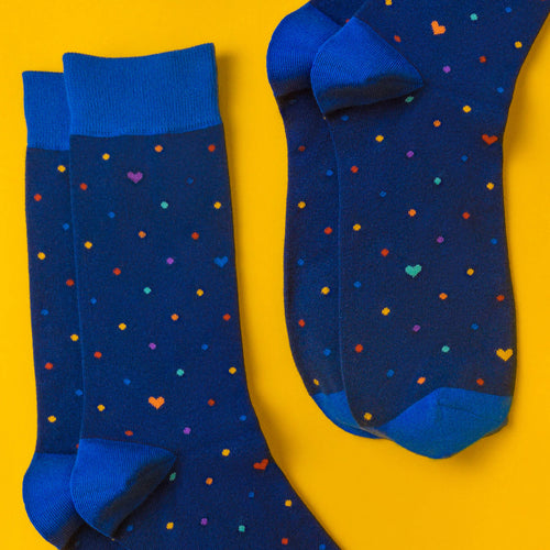 Rainbow dots (navy) — socks